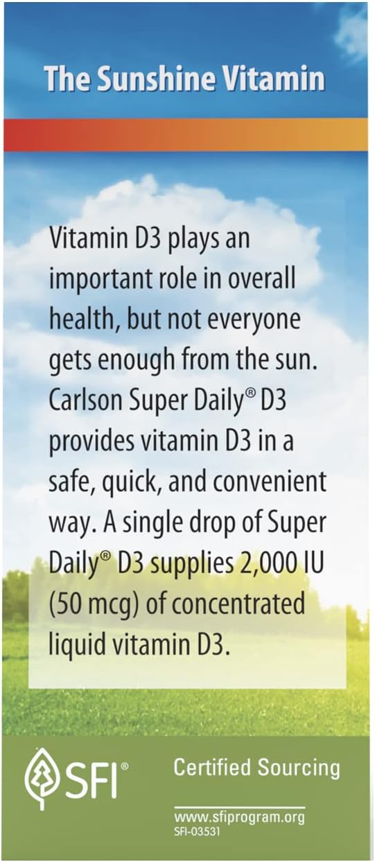 Carlson Super Daily D3 Vitamin D Drops - 2,000 IU per Drop - 1-Year Supply - Heart & Immune Health - Vegetarian - Unflavored - 365 Drops