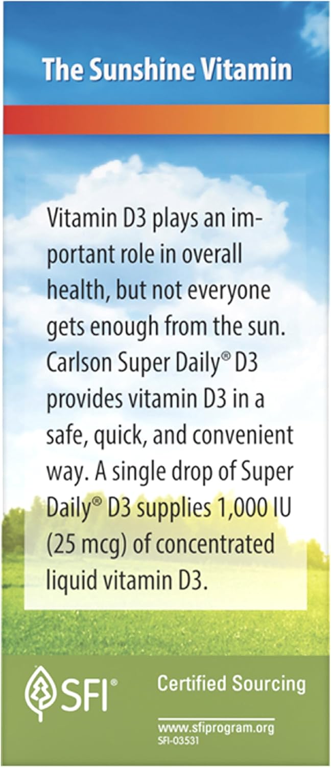Carlson Super Daily D3 Vitamin D Drops, 1,000 IU per Drop, 1-Year Supply, Liquid D3 for Heart & Immune Health, Vegetarian Formula - Unflavored