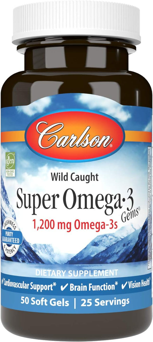 Carlson Super Omega-3 Gems - 1200mg Omega-3s, Wild Caught, Sustainably Sourced - 50 Soft Gels