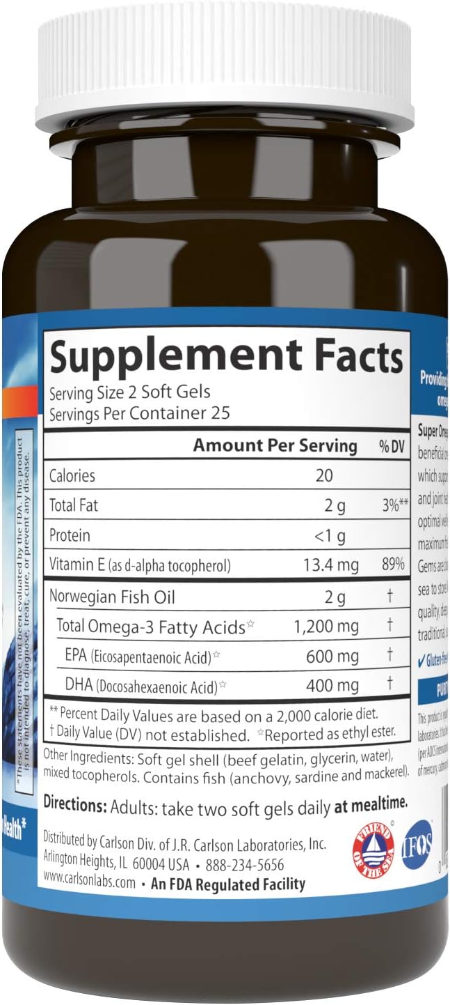 Carlson Super Omega-3 Gems - 1200mg Omega-3s, Wild Caught, Sustainably Sourced - 50 Soft Gels