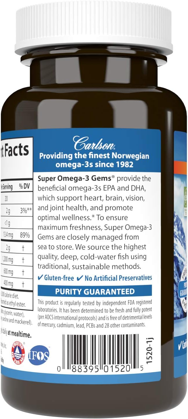 Carlson Super Omega-3 Gems - 1200mg Omega-3s, Wild Caught, Sustainably Sourced - 50 Soft Gels