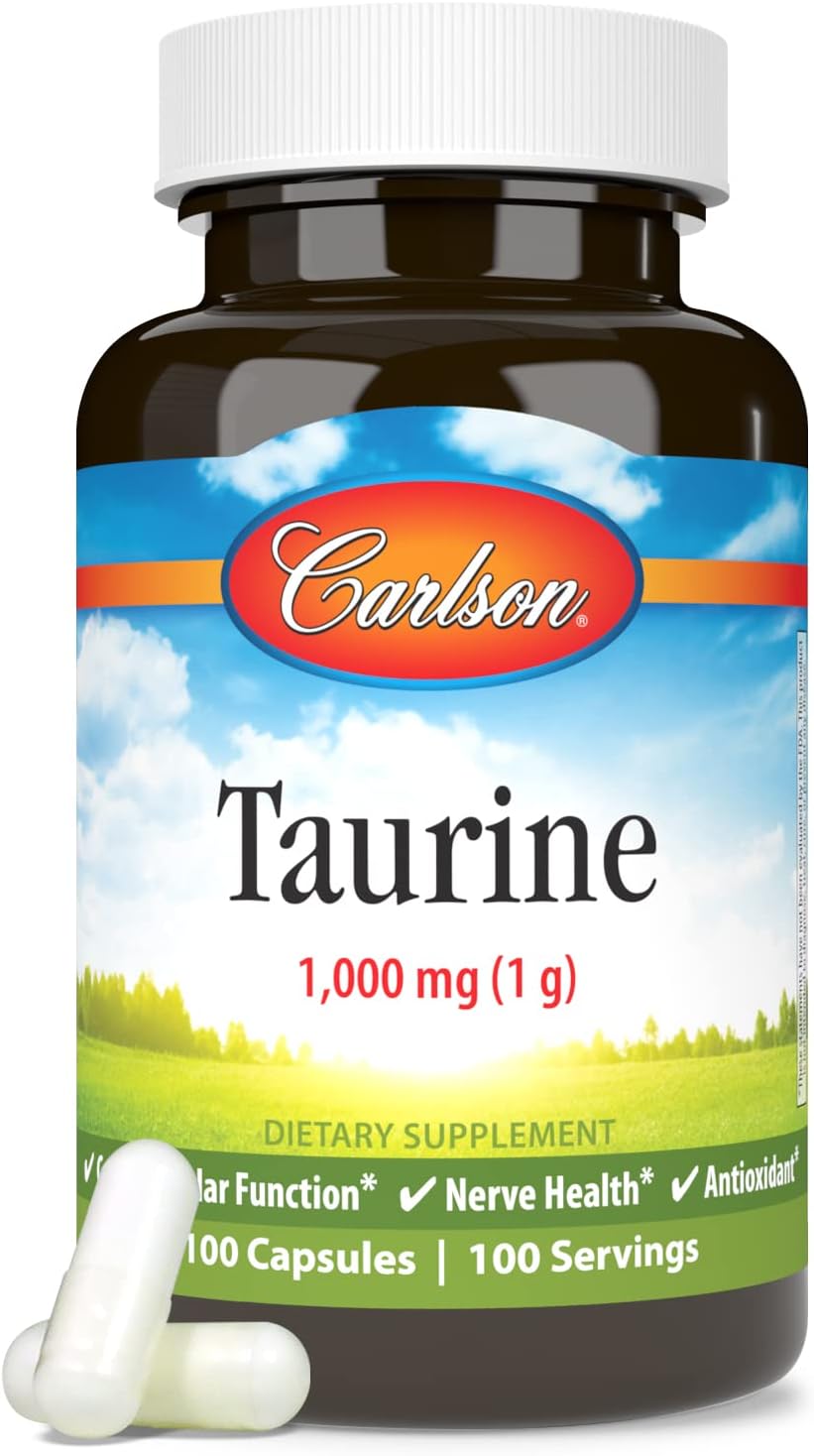 Carlson Taurine Capsules for Nerve Health and Muscle Function - Free-Form Amino Acid Supplement - 100 Count