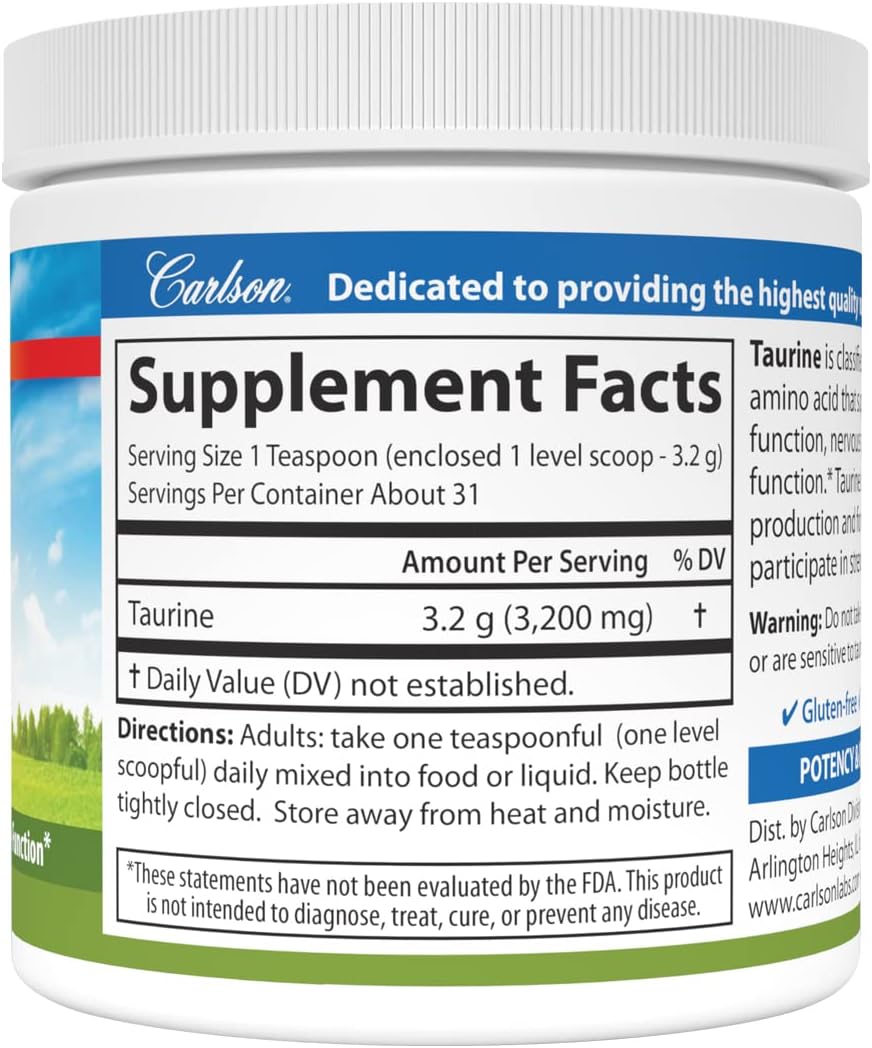 Carlson Taurine Powder 100g - Free-Form Amino Acid for Nerve Health & Muscle Support