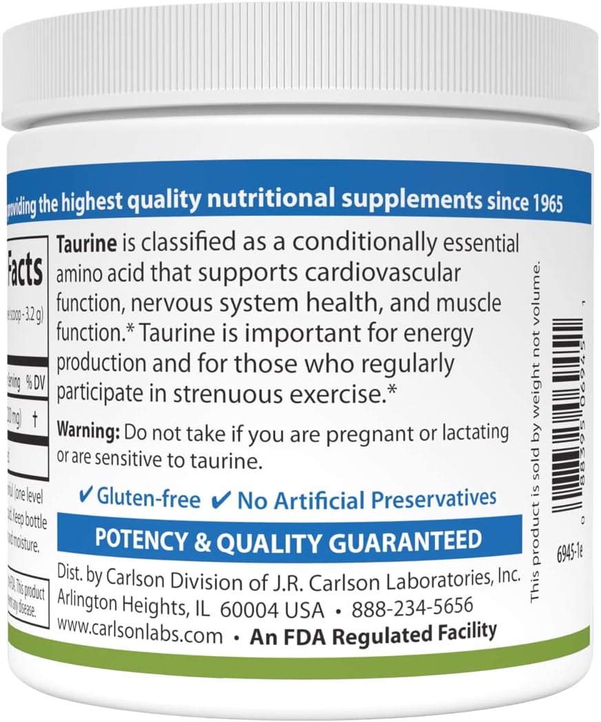 Carlson Taurine Powder 100g - Free-Form Amino Acid for Nerve Health & Muscle Support