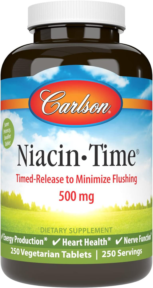 Carlson Time-Release Niacin 500mg for Energy, Heart Health, and Nerve Function - 250 Tablets