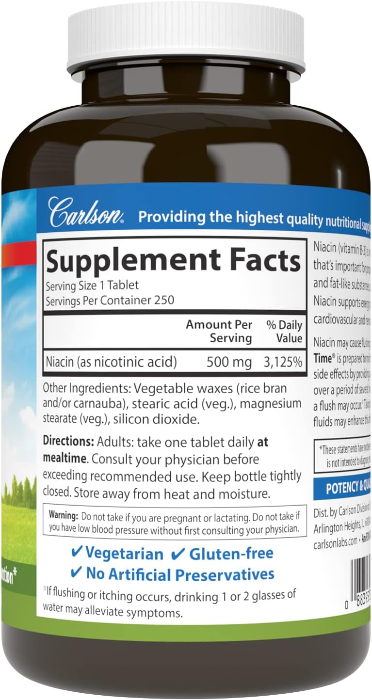 Carlson Time-Release Niacin 500mg for Energy, Heart Health, and Nerve Function - 250 Tablets