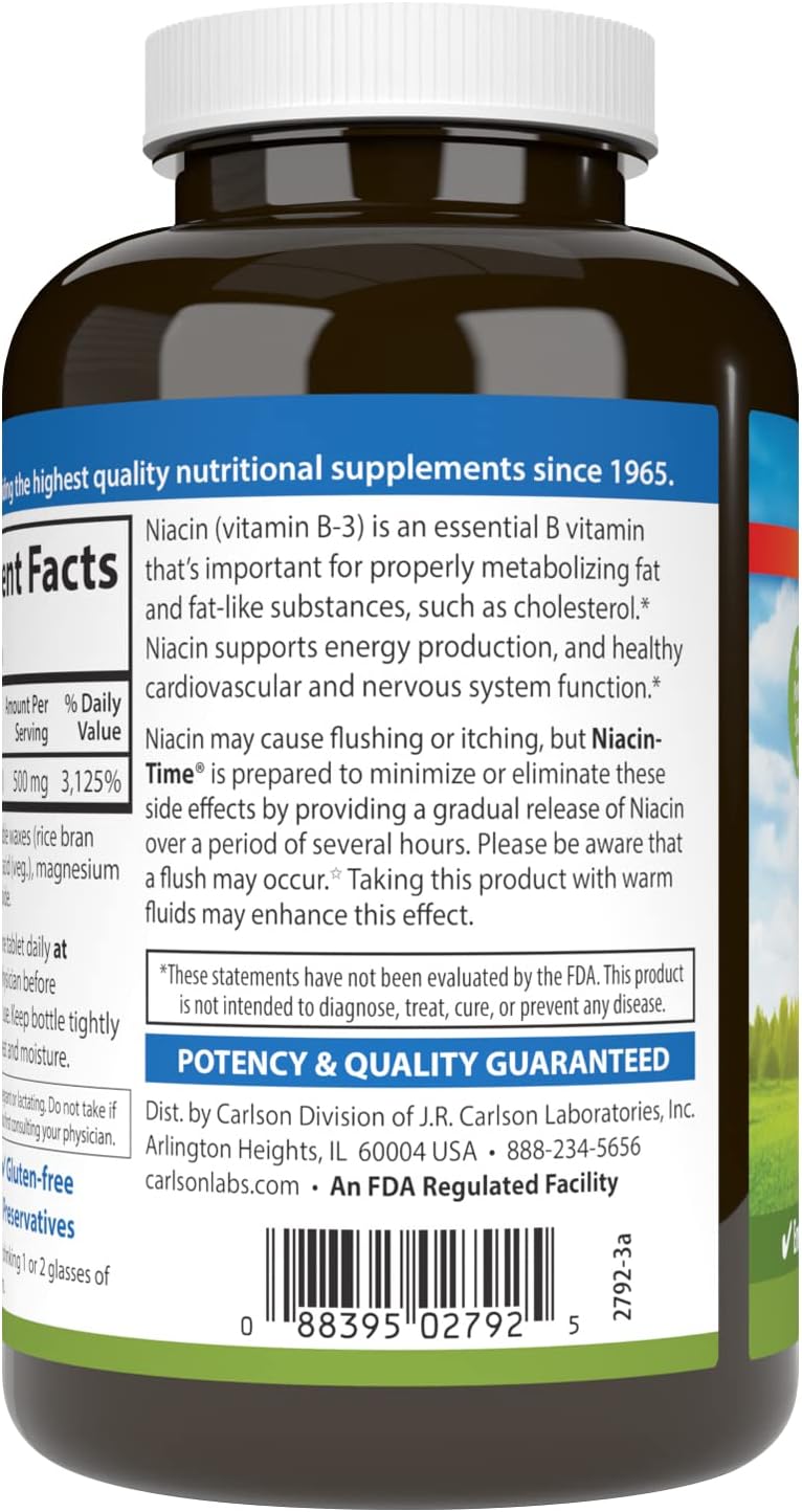 Carlson Time-Release Niacin 500mg for Energy, Heart Health, and Nerve Function - 250 Tablets