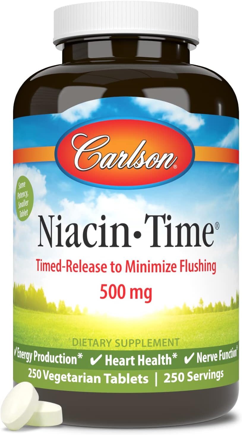 Carlson Time-Release Niacin 500mg for Energy, Heart Health, and Nerve Function - 250 Tablets