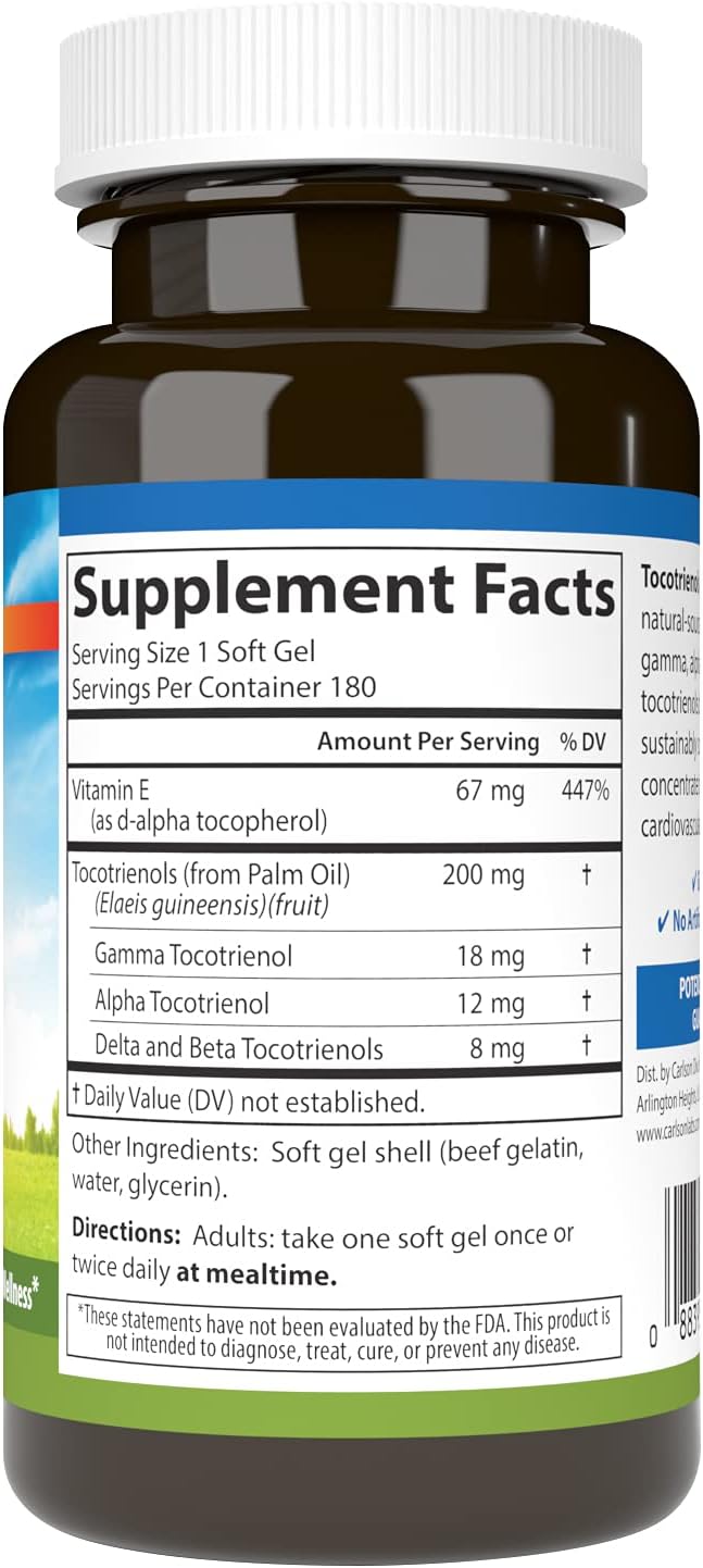 Carlson Tocotrienols 40mg Softgels with Natural Vitamin E | Gamma, Alpha, Delta, Beta | 180ct Sustainable Source