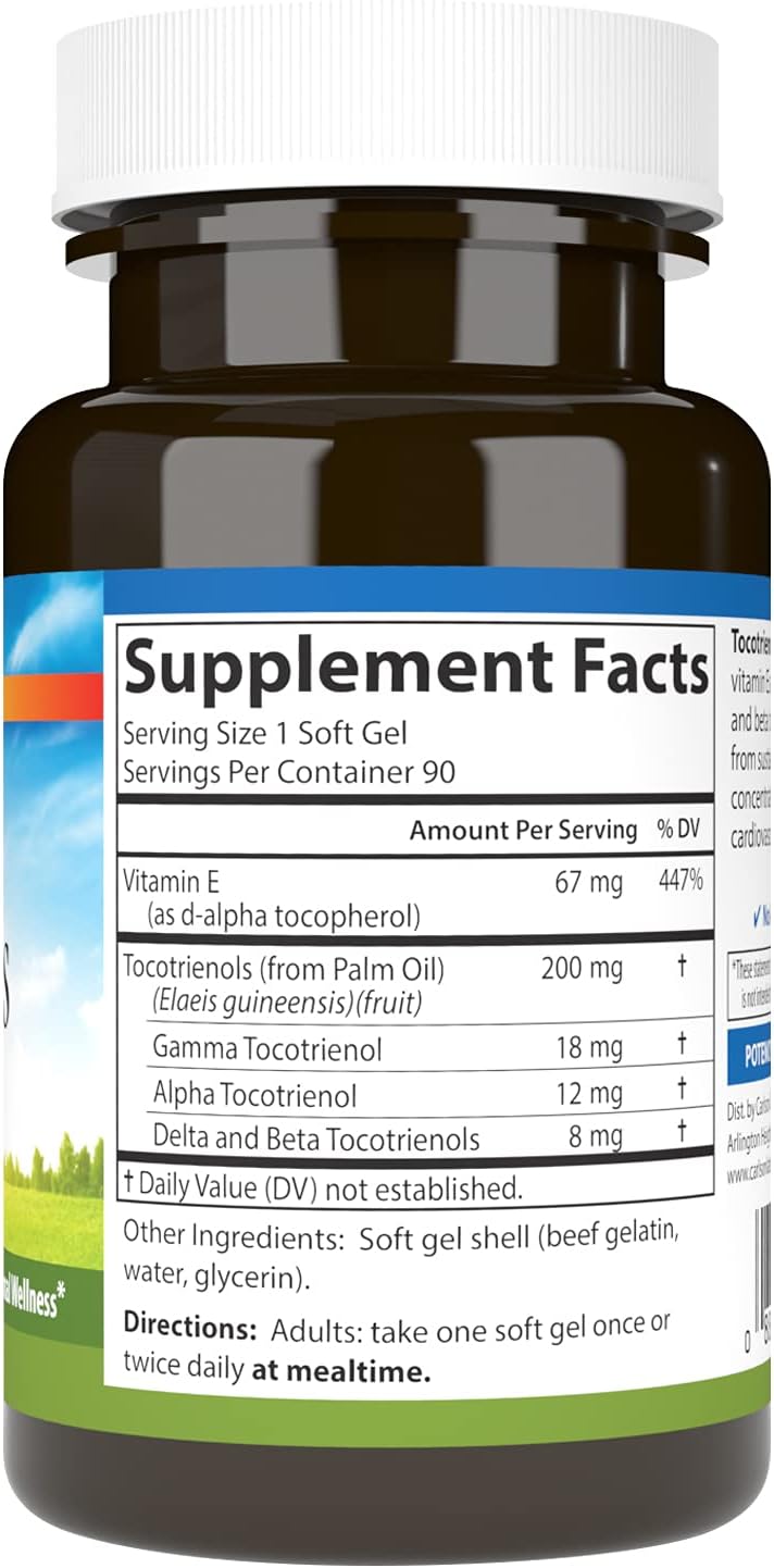 Carlson Tocotrienols 40mg Softgels with Natural Vitamin E - Gamma, Alpha, Delta, Beta - 90 Count