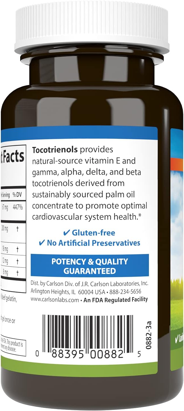 Carlson Tocotrienols 40mg Softgels with Natural Vitamin E | Gamma, Alpha, Delta, Beta | 180ct Sustainable Source