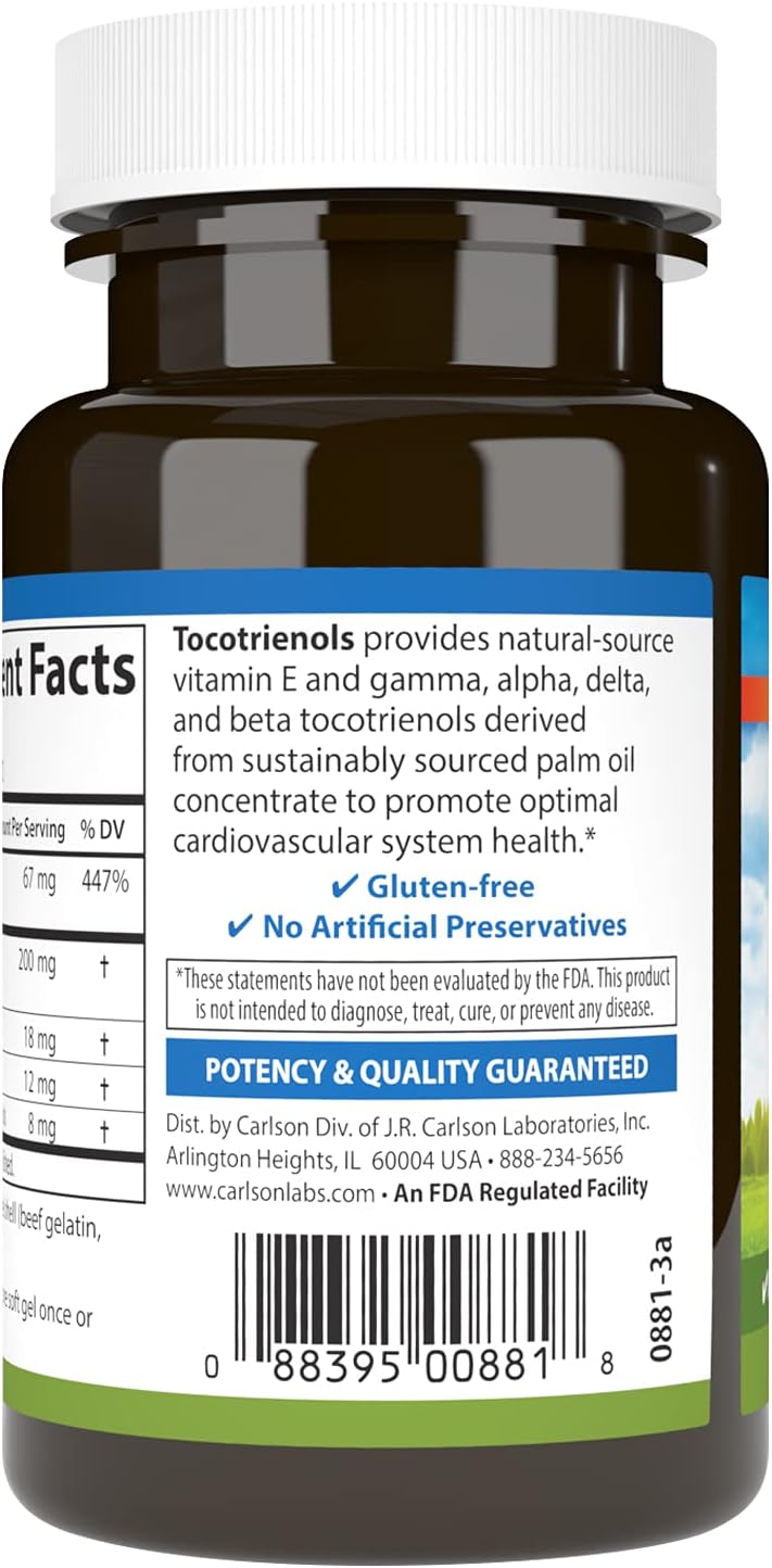 Carlson Tocotrienols 40mg Softgels with Natural Vitamin E - Gamma, Alpha, Delta, Beta - 90 Count