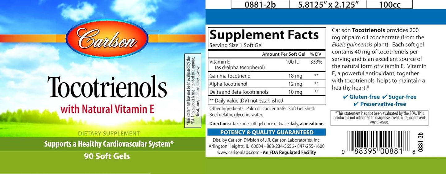 Carlson Tocotrienols and Vitamin E Softgels - 90 Count Bottle