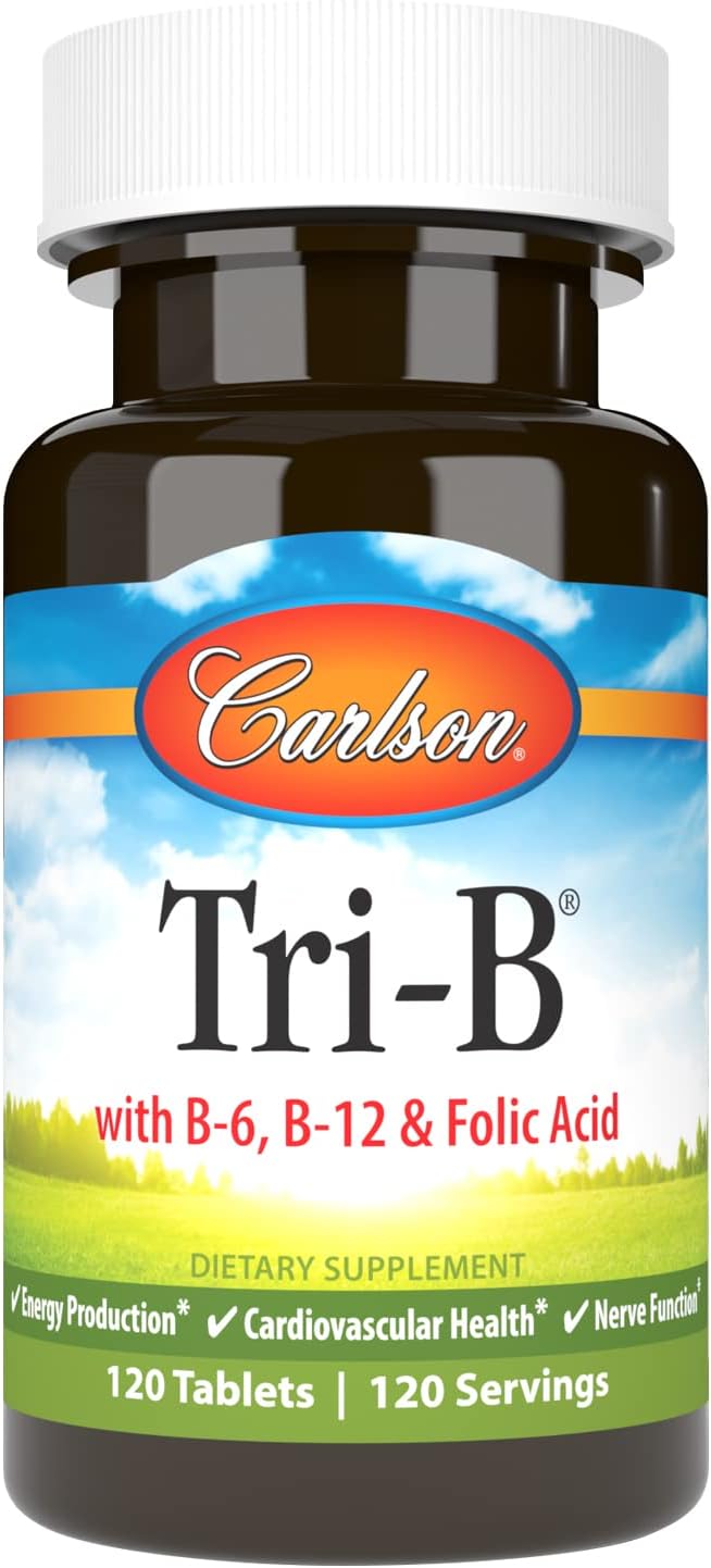 Carlson Tri-B Vitamin B Complex Tablets - Energy Pills with Vitamin B-6, B-12, Folic Acid for Cardiovascular Health - 120 Count