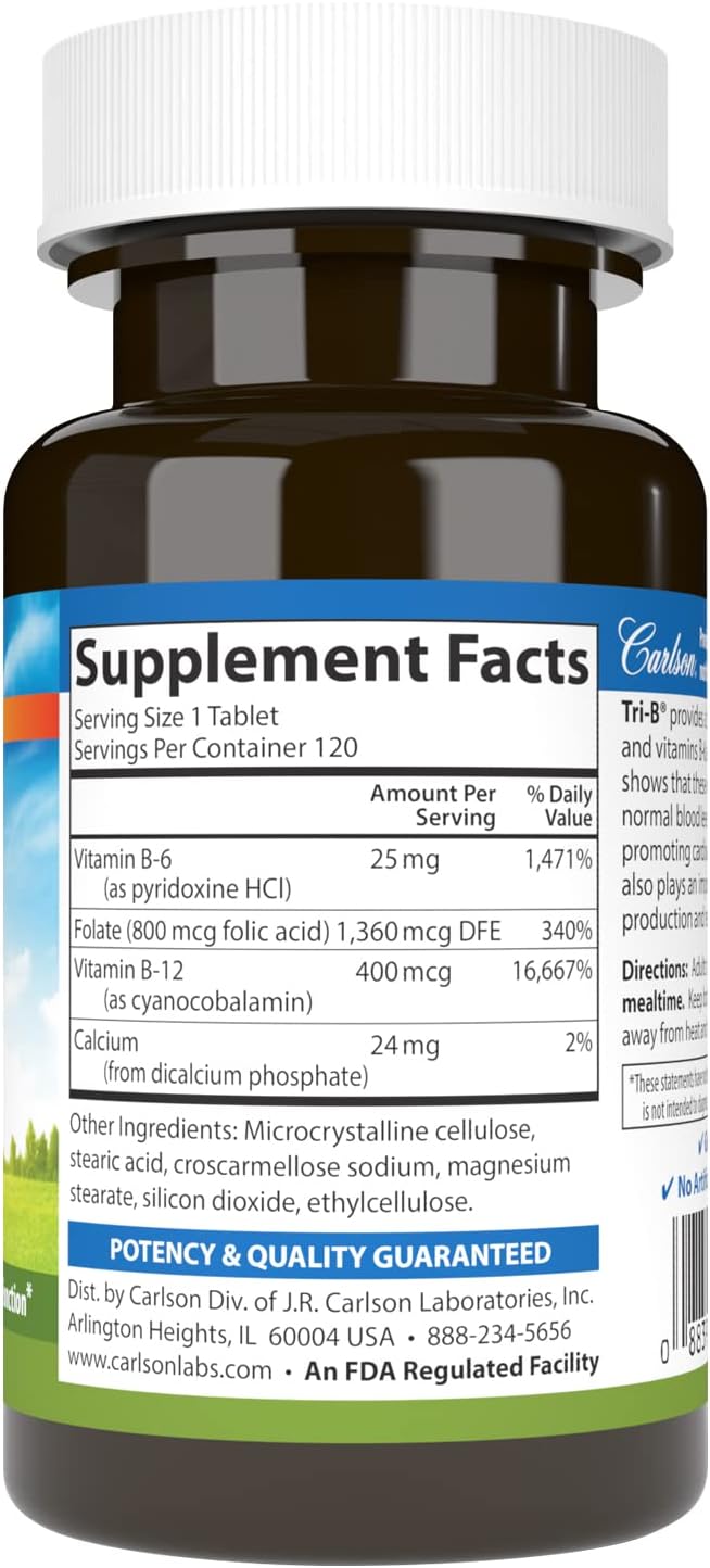 Carlson Tri-B Vitamin B Complex Tablets - Energy Pills with Vitamin B-6, B-12, Folic Acid for Cardiovascular Health - 120 Count