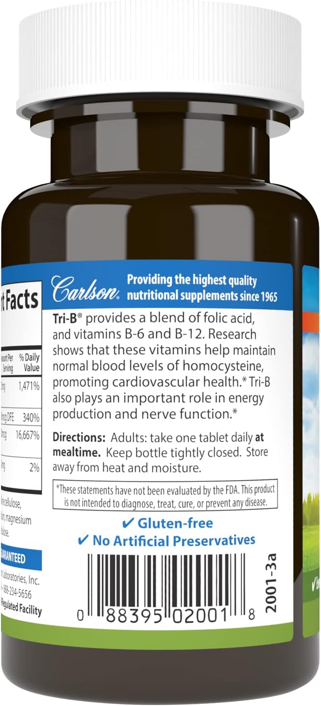 Carlson Tri-B Vitamin B Complex Tablets - Energy Pills with Vitamin B-6, B-12, Folic Acid for Cardiovascular Health - 120 Count