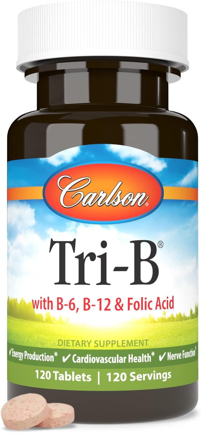 Carlson Tri-B Vitamin B Complex Tablets - Energy Pills with Vitamin B-6, B-12, Folic Acid for Cardiovascular Health - 120 Count