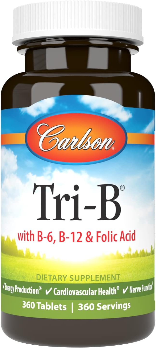 Carlson Tri-B Vitamin B Complex Tablets 360 Count - 25mg B-6, 400mcg B-12, Folic Acid Energy Pills for Heart Health - B12 Supplement, B Vitamin Complex