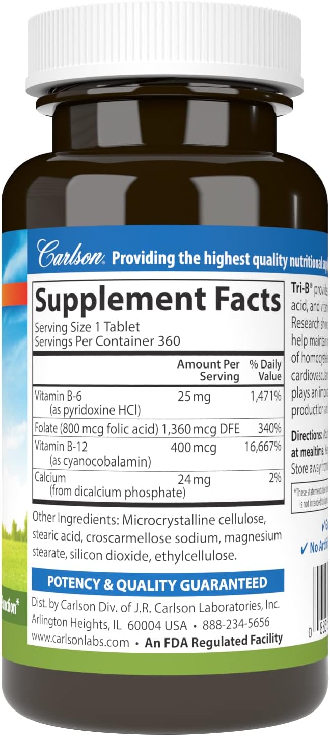 Carlson Tri-B Vitamin B Complex Tablets 360 Count - 25mg B-6, 400mcg B-12, Folic Acid Energy Pills for Heart Health - B12 Supplement, B Vitamin Complex