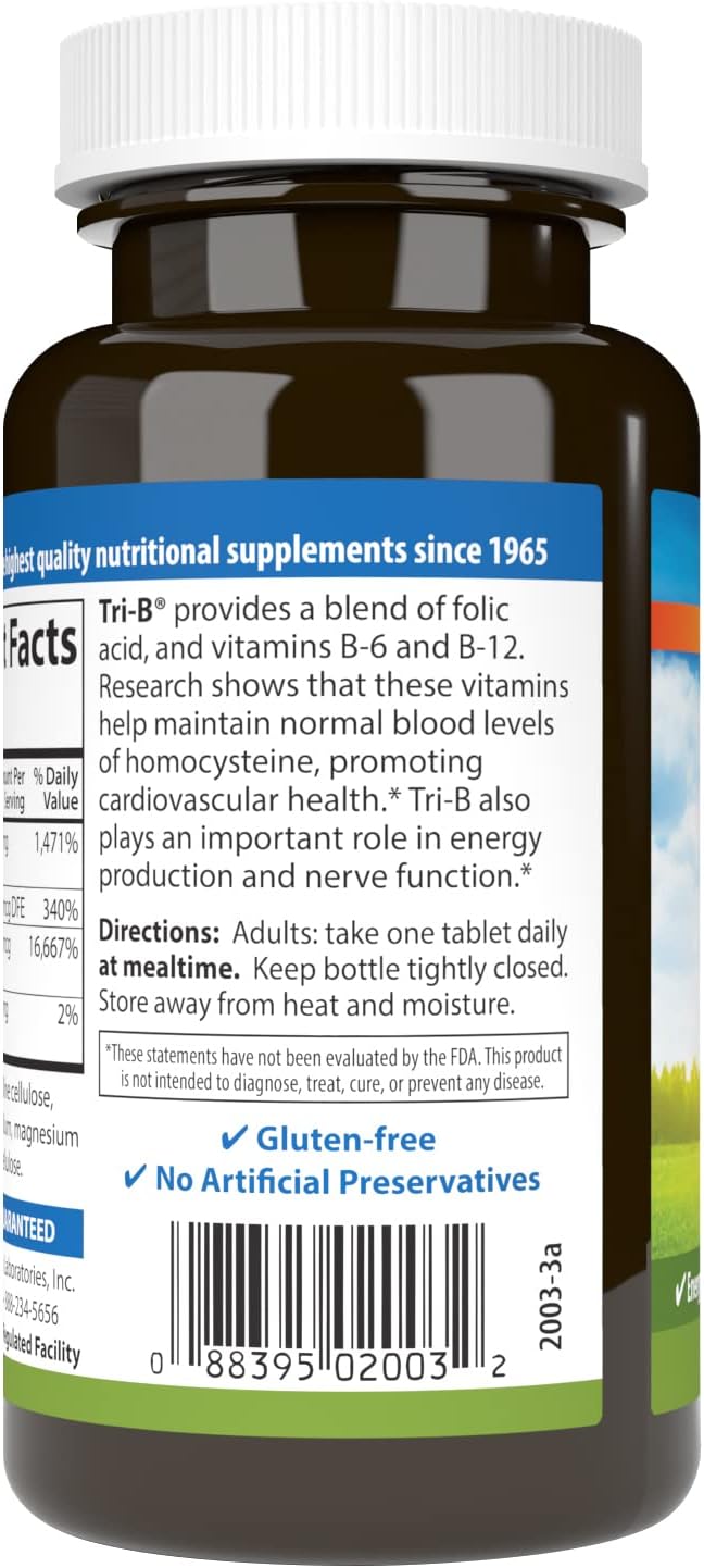 Carlson Tri-B Vitamin B Complex Tablets 360 Count - 25mg B-6, 400mcg B-12, Folic Acid Energy Pills for Heart Health - B12 Supplement, B Vitamin Complex
