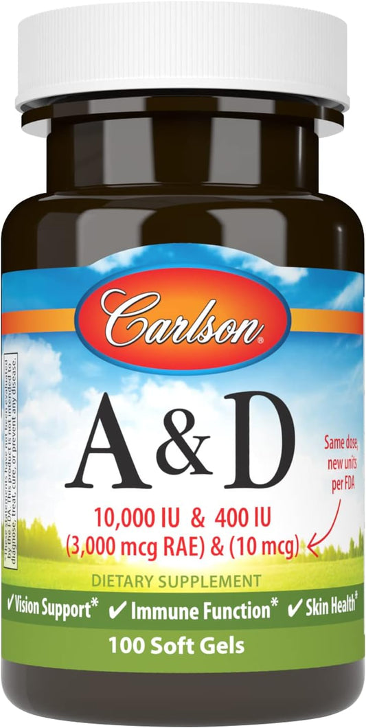 Carlson Vitamin A & D Soft Gels - 10000 IU Vitamin A, 400 IU Vitamin D3, Vision & Skin Health Support - 100 Count