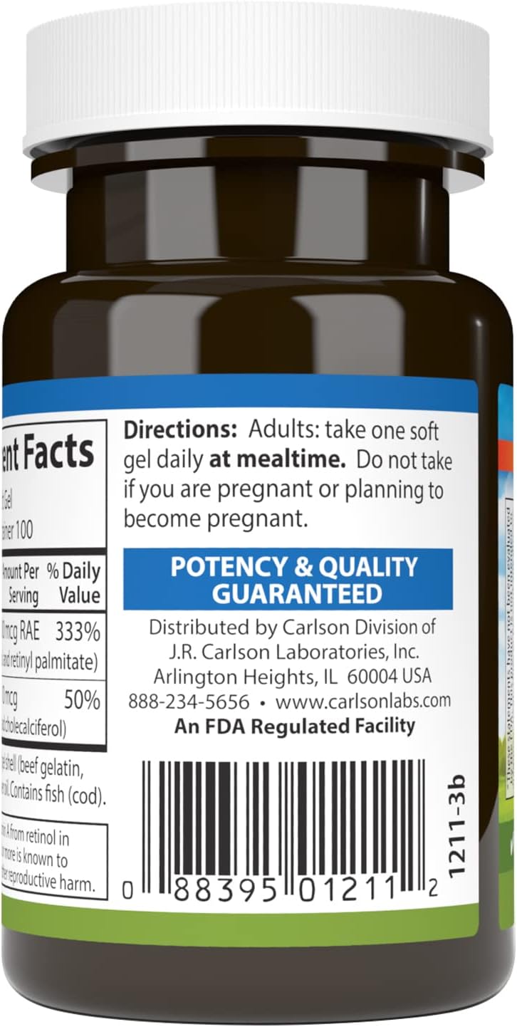 Carlson Vitamin A & D Soft Gels - 10000 IU Vitamin A, 400 IU Vitamin D3, Vision & Skin Health Support - 100 Count