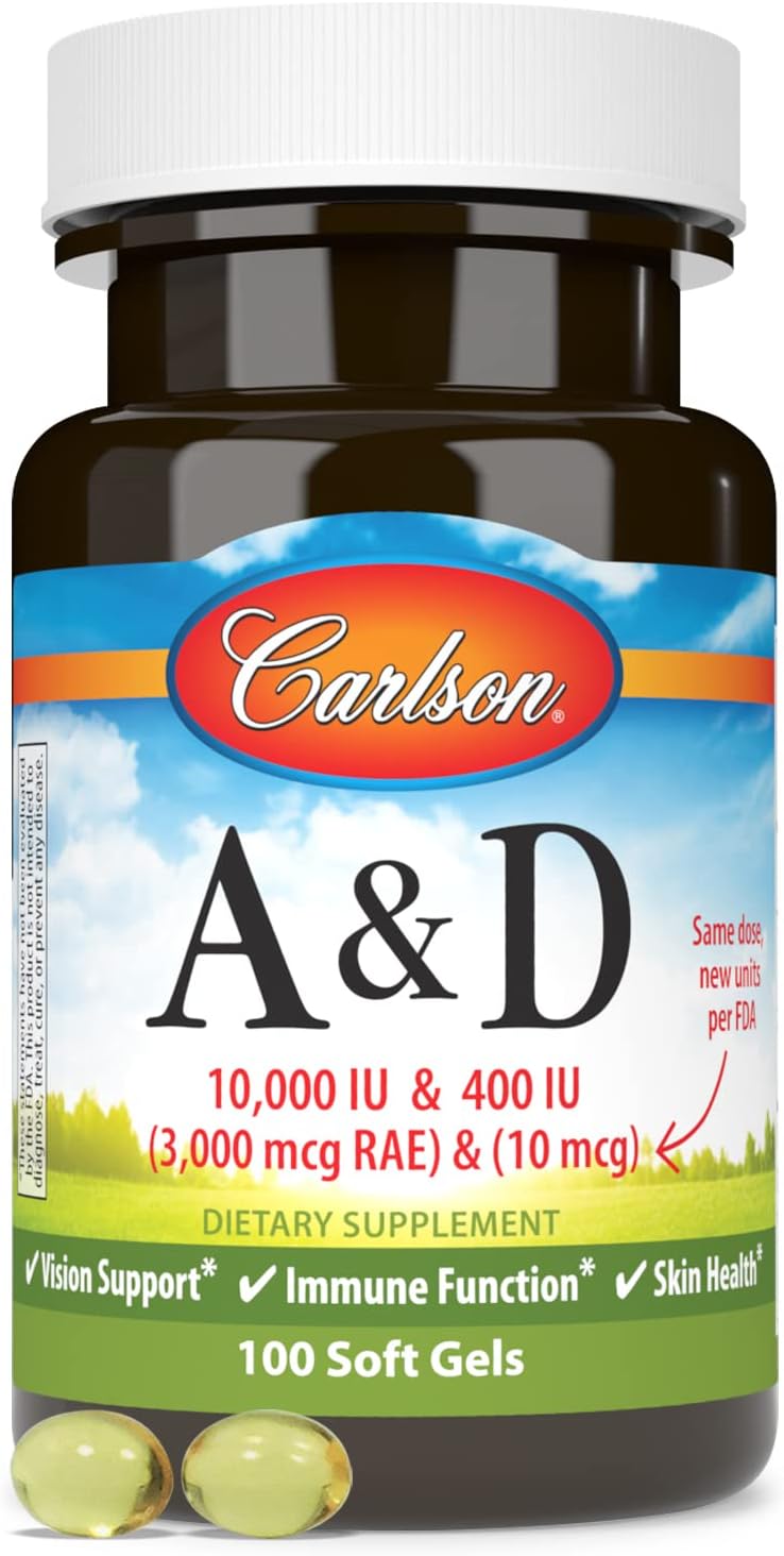 Carlson Vitamin A & D Soft Gels - 10000 IU Vitamin A, 400 IU Vitamin D3, Vision & Skin Health Support - 100 Count