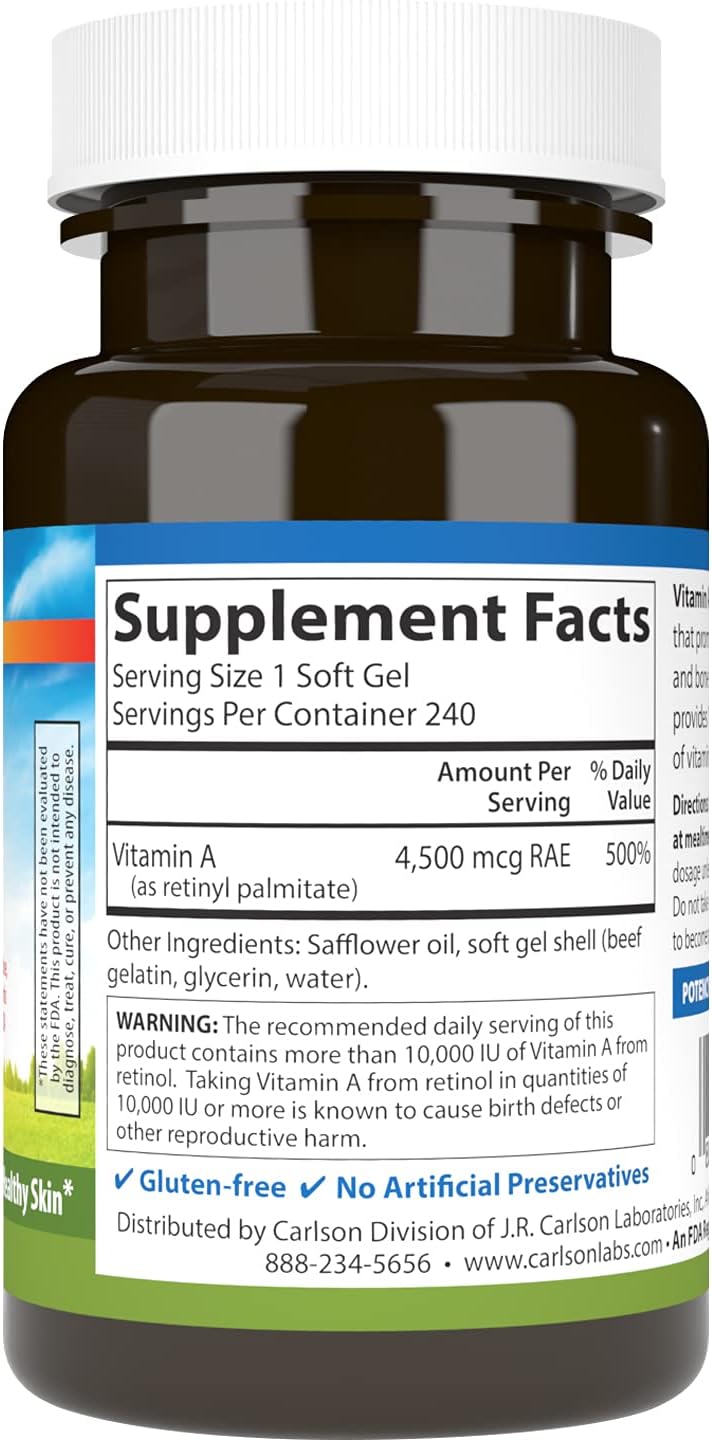 Carlson Vitamin A Palmitate Softgels - 15000 IU (4500 mcg RAE) for Vision, Skin & Immune Health - 240 Count
