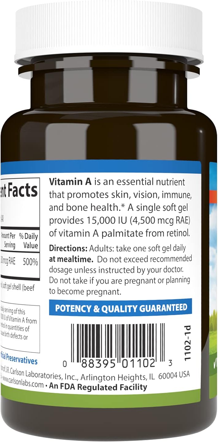 Carlson Vitamin A Palmitate Softgels - 15000 IU (4500 mcg RAE) for Vision, Skin & Immune Health - 240 Count