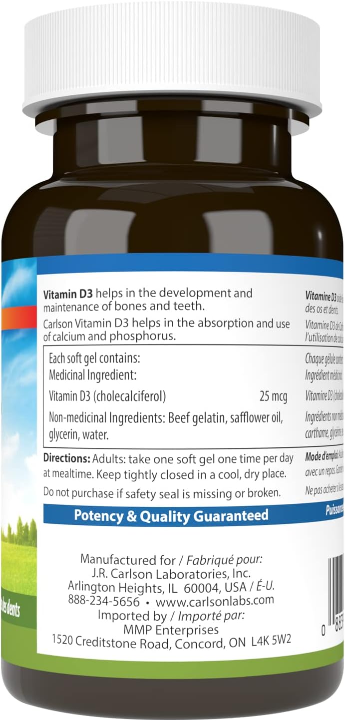 Carlson Vitamin D3 1000 IU Softgels - Pack of 100 for Immune Support and Bone Health
