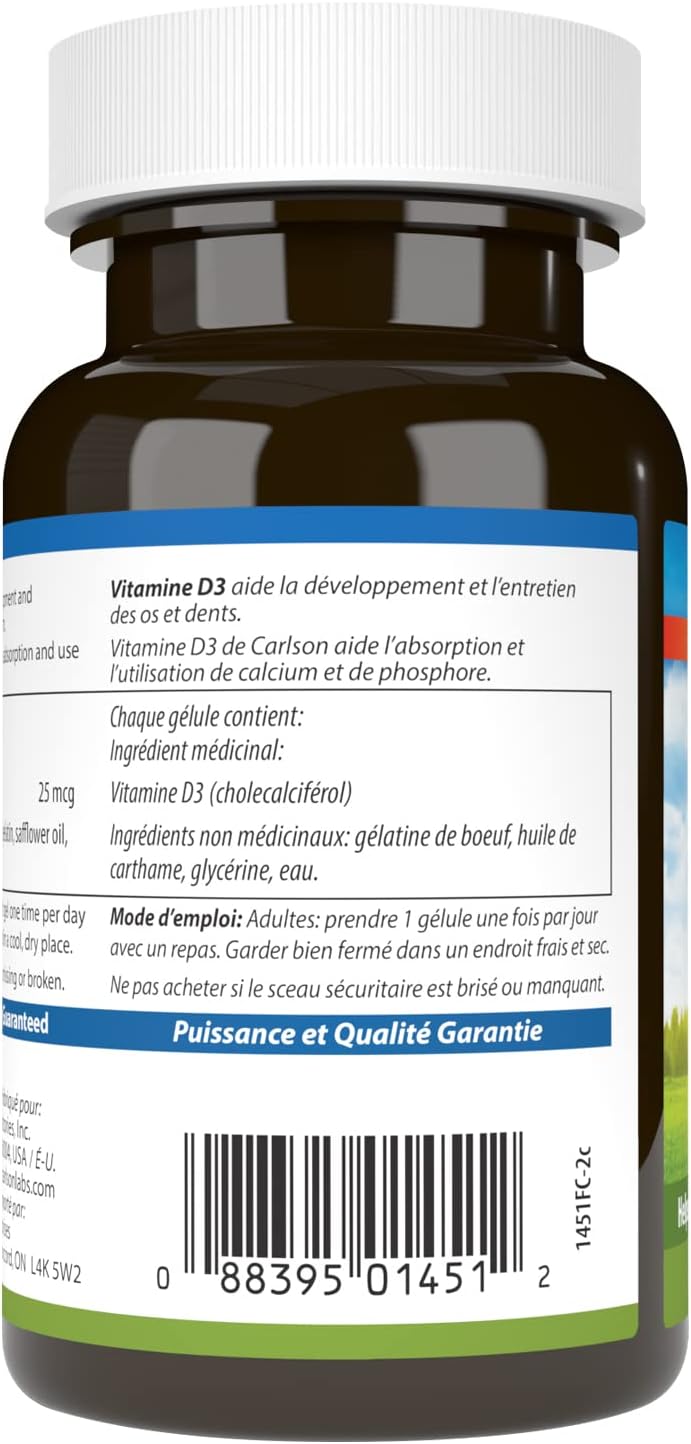 Carlson Vitamin D3 1000 IU Softgels - Pack of 100 for Immune Support and Bone Health