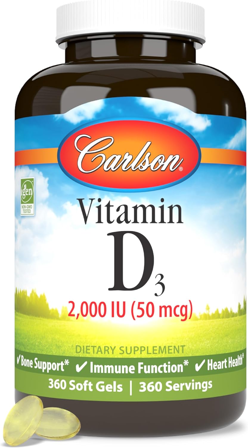 Carlson Vitamin D3 2000 IU Softgels for Bone & Immune Health - Gluten Free Cholecalciferol Supplement, 360 Capsules