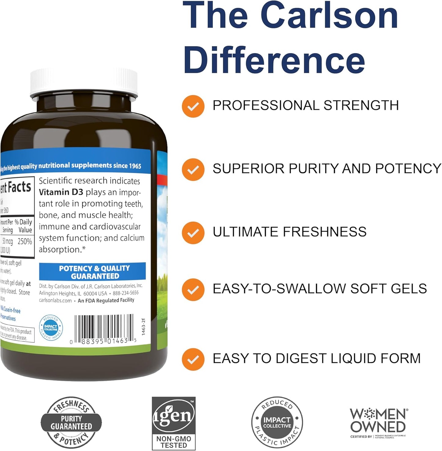 Carlson Vitamin D3 2000 IU Softgels for Bone & Immune Health - Gluten Free Cholecalciferol Supplement, 360 Capsules