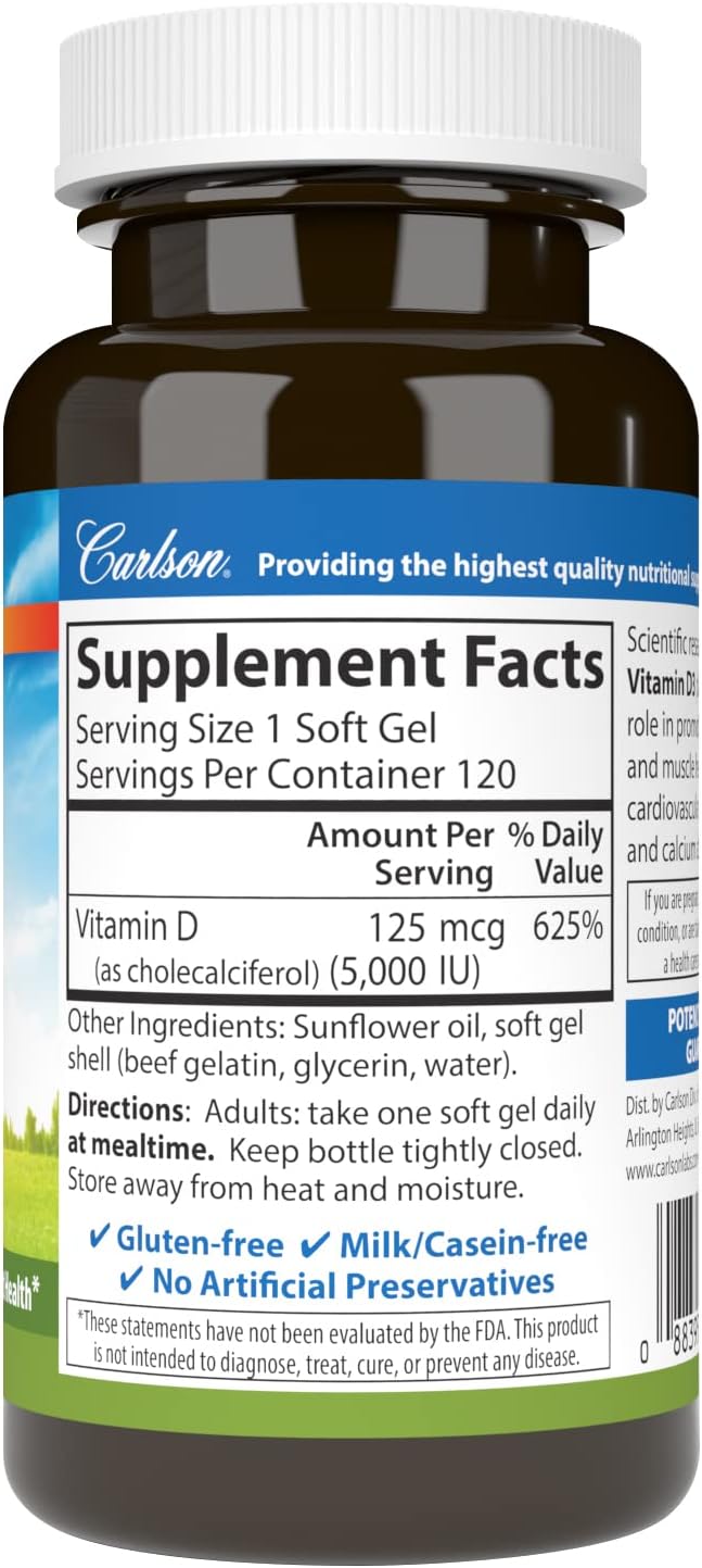 Carlson Vitamin D3 5000 IU Softgels for Bone and Muscle Health - 120 Count