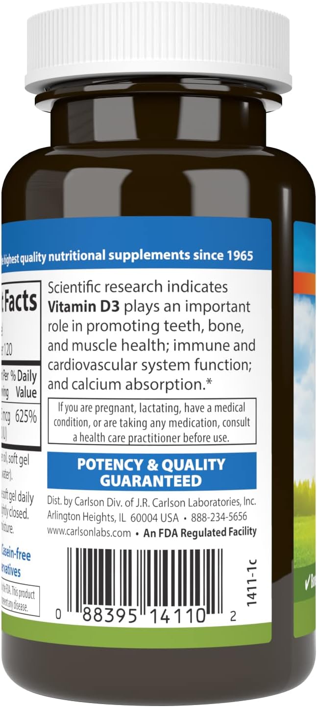 Carlson Vitamin D3 5000 IU Softgels for Bone and Muscle Health - 120 Count