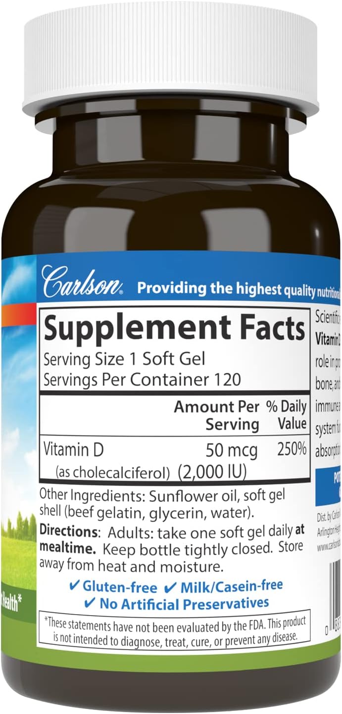 Carlson Vitamin D3 Soft Gels - 2000 IU (50 mcg) for Immune Support, Bone & Muscle Health - 120 Softgels