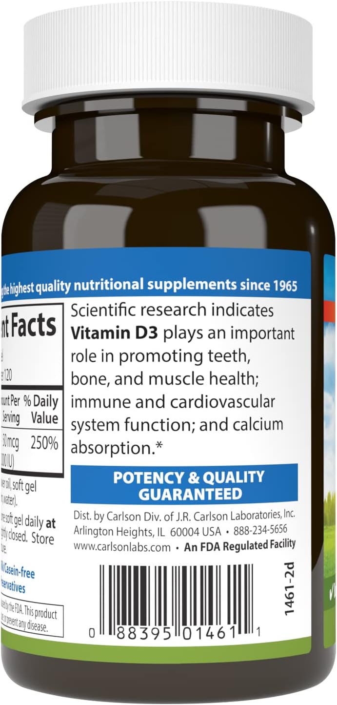 Carlson Vitamin D3 Soft Gels - 2000 IU (50 mcg) for Immune Support, Bone & Muscle Health - 120 Softgels