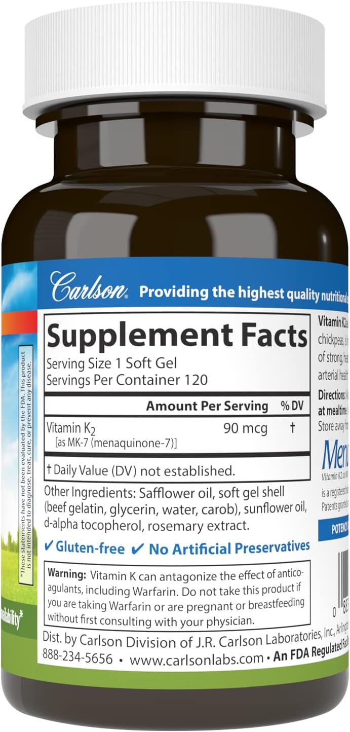 Carlson Vitamin K2 MK-7 90 mcg Softgels for Bone Support and Calcium Bioavailability