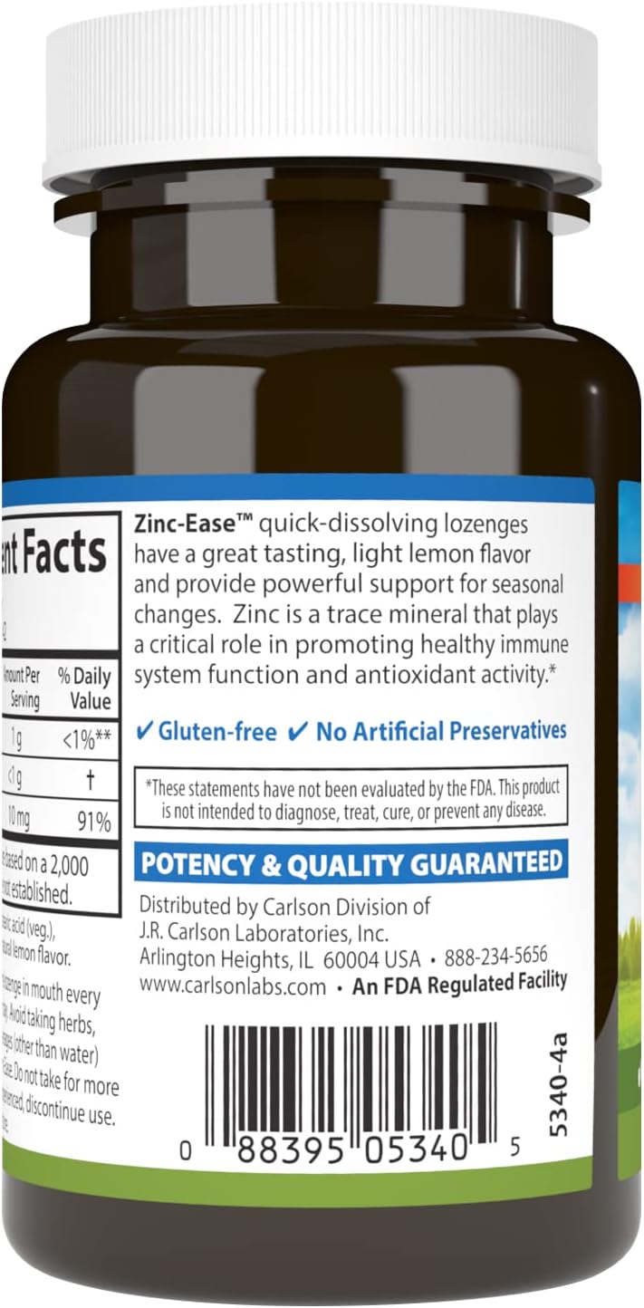 Carlson Zinc-Ease Lemon Lozenges for Immune Support and Antioxidant Benefits - 42 Count