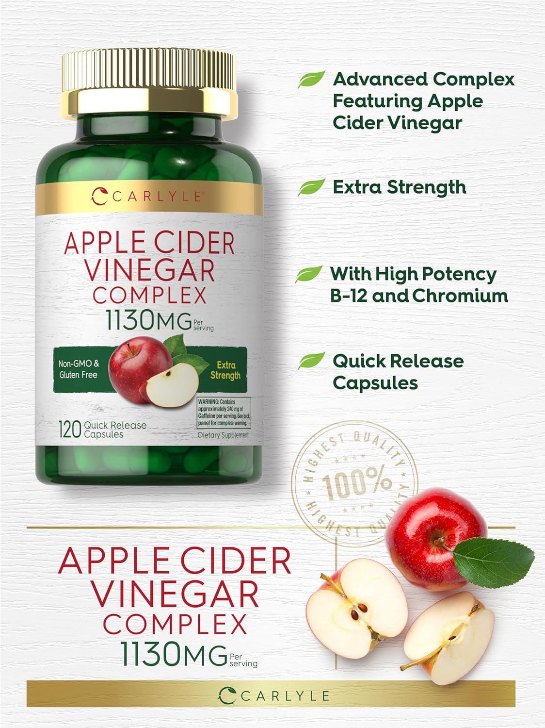 Carlyle Apple Cider Vinegar Complex Capsules with Cayenne and Ginger - 120 Pills, Non-GMO & Gluten Free Supplement