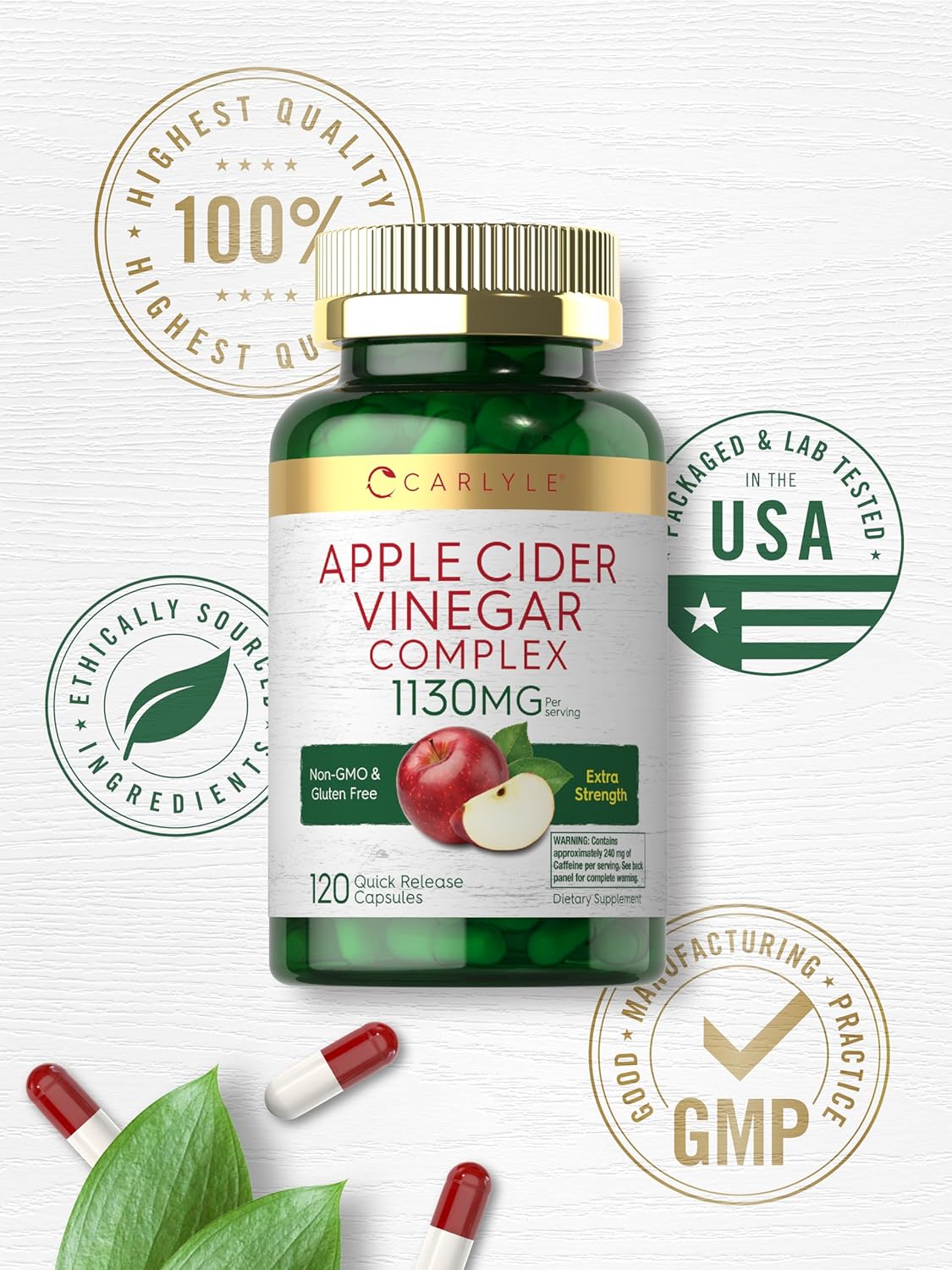 Carlyle Apple Cider Vinegar Complex Capsules with Cayenne and Ginger - 120 Pills, Non-GMO & Gluten Free Supplement