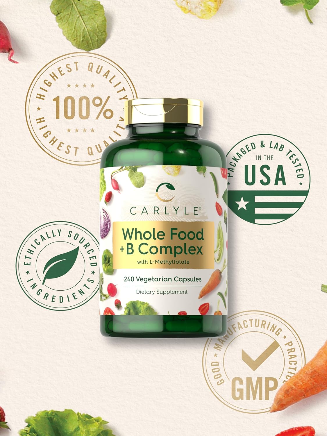 Carlyle B Complex with Whole Food Blend Formula 240 Capsules L-Methylfolate Non-GMO Vegetarian Supplement