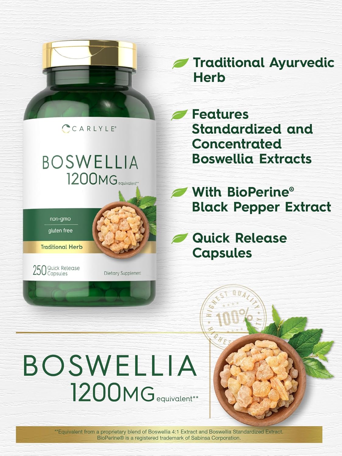 Carlyle Boswellia Serrata Complex Capsules 1200mg | 250 Count | with Black Pepper Extract | Non-GMO, Gluten Free Supplement