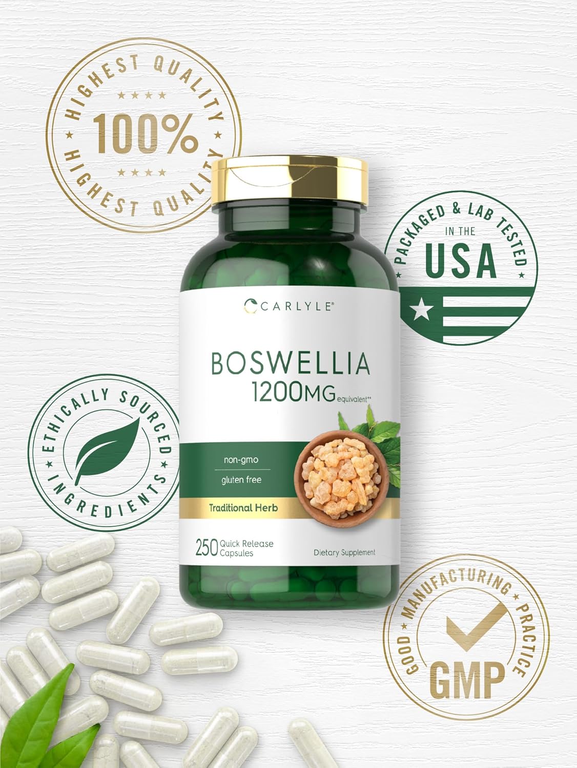 Carlyle Boswellia Serrata Complex Capsules 1200mg | 250 Count | with Black Pepper Extract | Non-GMO, Gluten Free Supplement