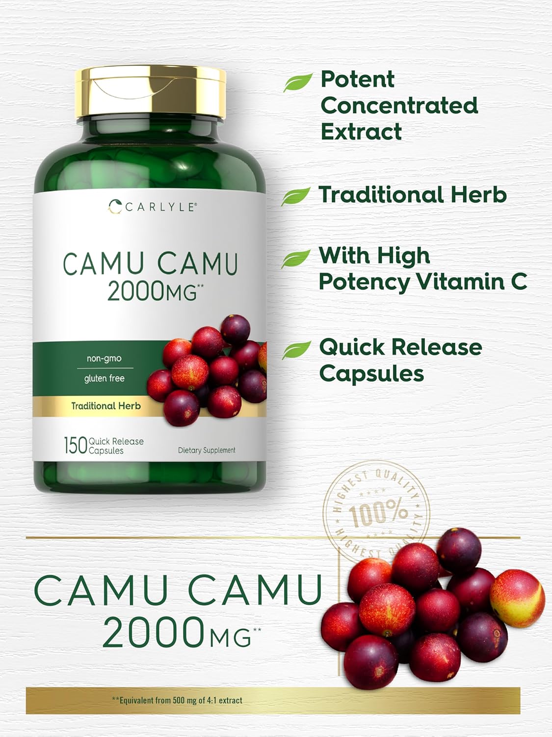 Carlyle Camu Camu Capsules 2000mg - 150 Count - Vitamin C - Non-GMO, Gluten-Free - Immune Support