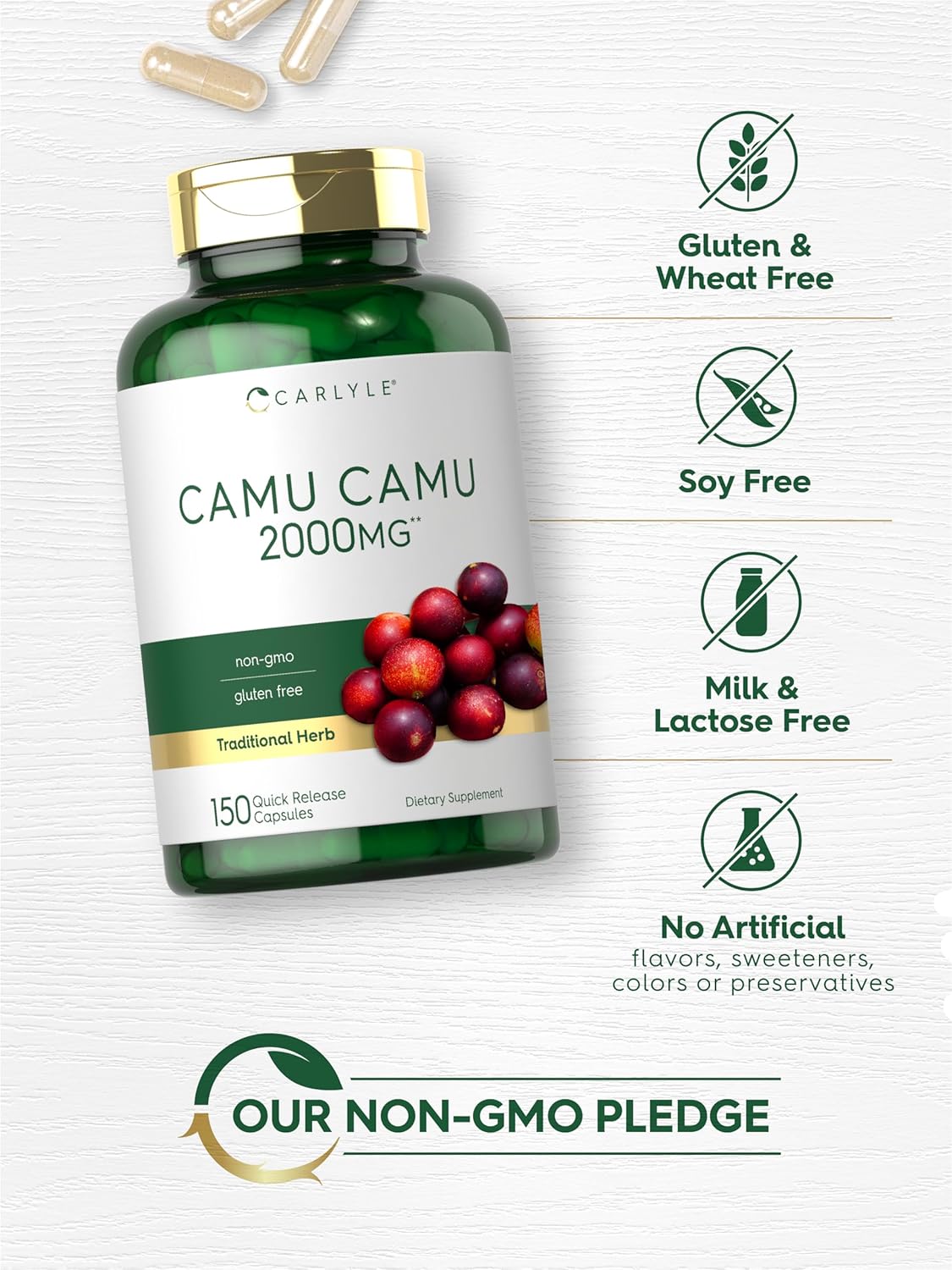 Carlyle Camu Camu Capsules 2000mg - 150 Count - Vitamin C - Non-GMO, Gluten-Free - Immune Support
