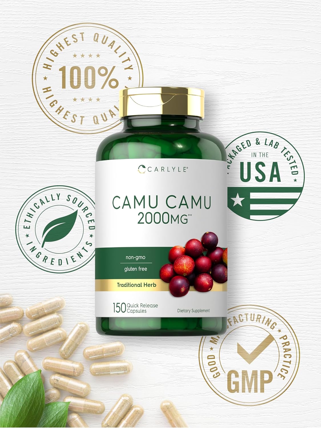 Carlyle Camu Camu Capsules 2000mg - 150 Count - Vitamin C - Non-GMO, Gluten-Free - Immune Support