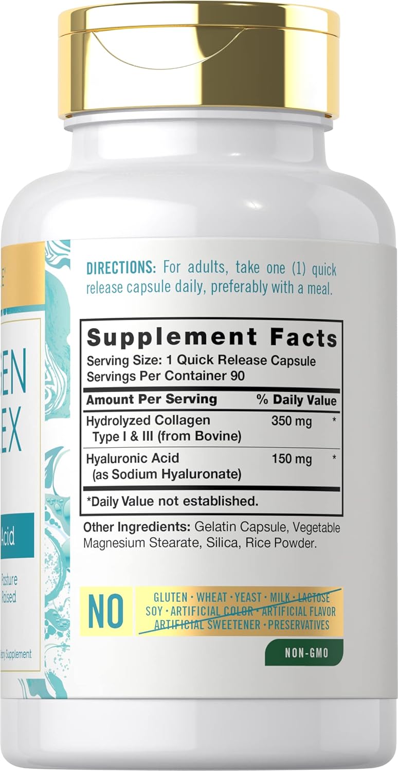 Carlyle Collagen and Hyaluronic Acid Capsules - 90 Count - Hydrolyzed Collagen Supplement - Non-GMO, Gluten Free