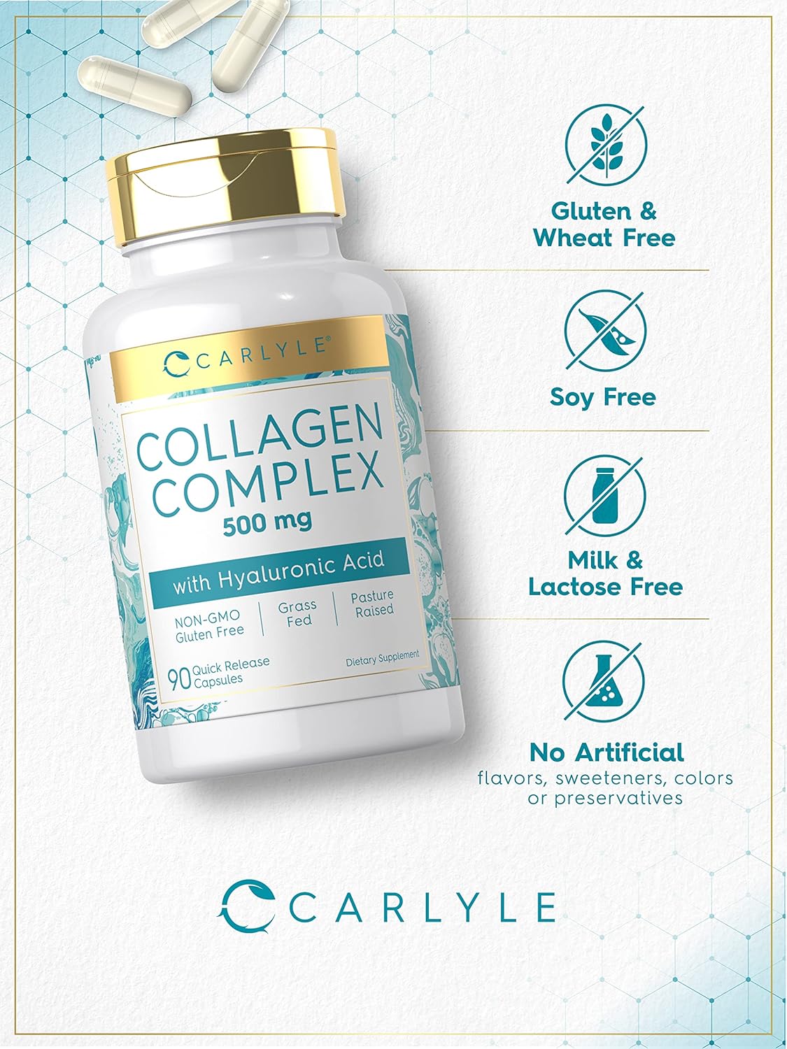 Carlyle Collagen and Hyaluronic Acid Capsules - 90 Count - Hydrolyzed Collagen Supplement - Non-GMO, Gluten Free