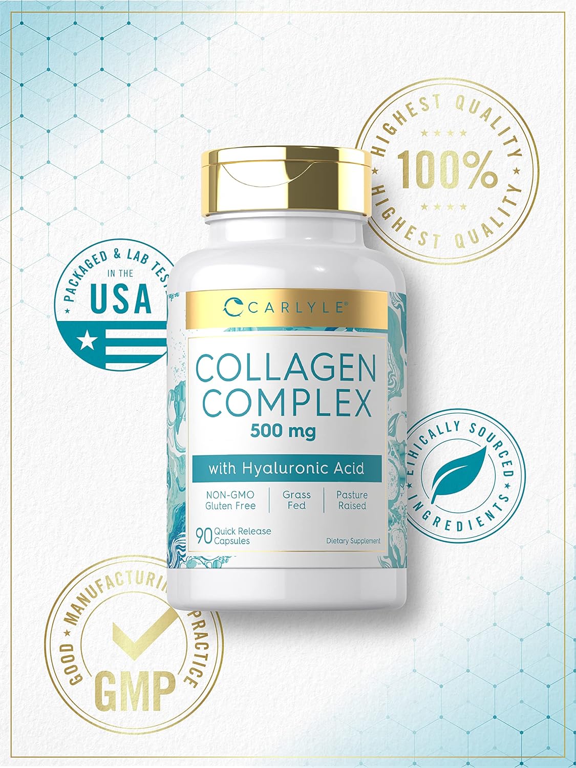 Carlyle Collagen and Hyaluronic Acid Capsules - 90 Count - Hydrolyzed Collagen Supplement - Non-GMO, Gluten Free